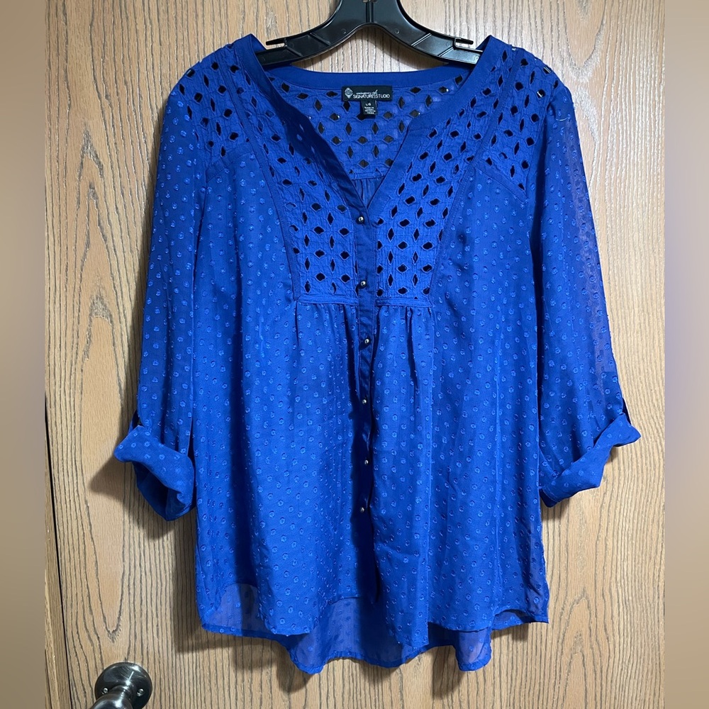 EUC Sheer Blue Blouse with Eyelets and Swiss Dots